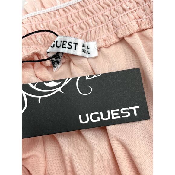 Uguest NWT Blush Pink Romantic Mini Dress sz L Barbiecore Prairie Brunch Ruffles - Picture 10 of 12